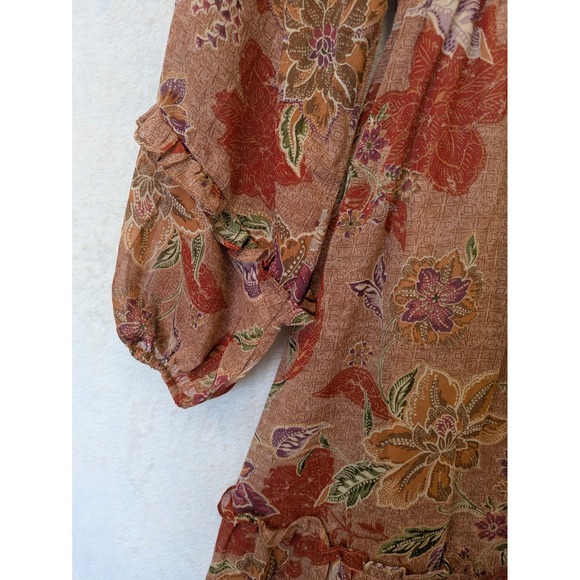 August Sky Women's Size S Floral Tiered Midi Dress Rust Orange Boho - Picture 4 of 10